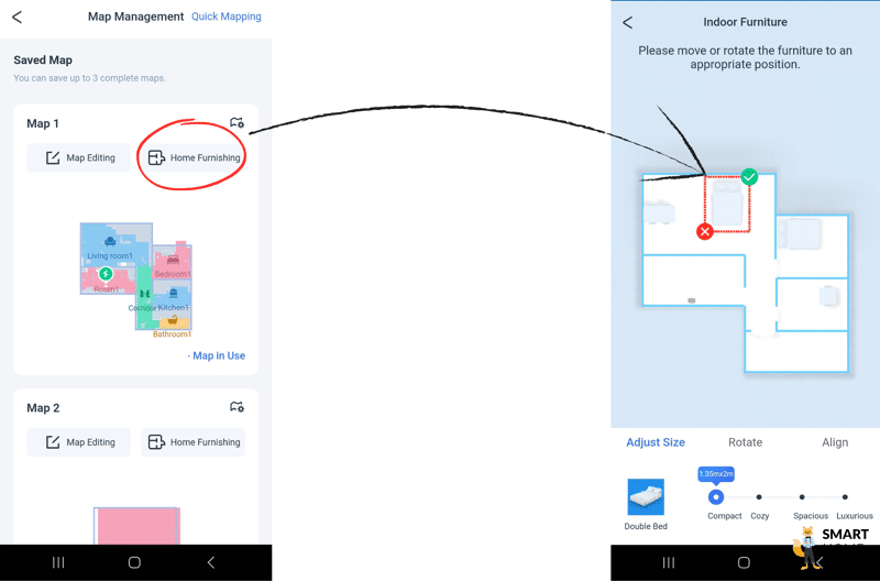 Einrichtungsgegenstände werden in der ECOVACS DEEBOT T20 OMNI App platziert.